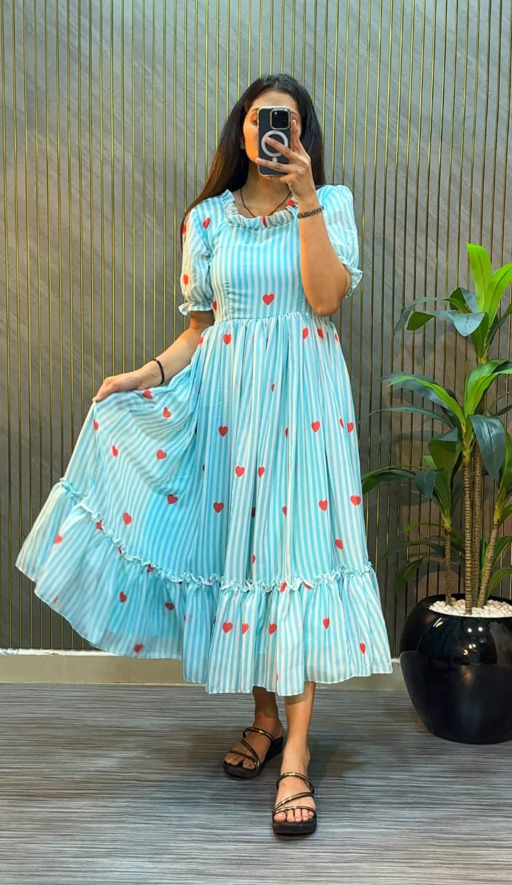 Women’s Striped Printed Midi Dress with Heart Pattern & Ruffle Hem – Stylish Casual & Party Wear Dress
