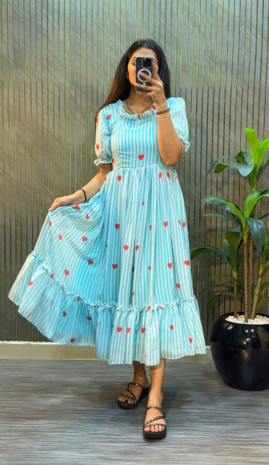 Women’s Striped Printed Midi Dress with Heart Pattern & Ruffle Hem – Stylish Casual & Party Wear Dress