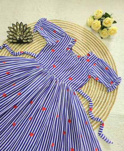 Women’s Striped Printed Midi Dress with Heart Pattern & Ruffle Hem – Stylish Casual & Party Wear Dress