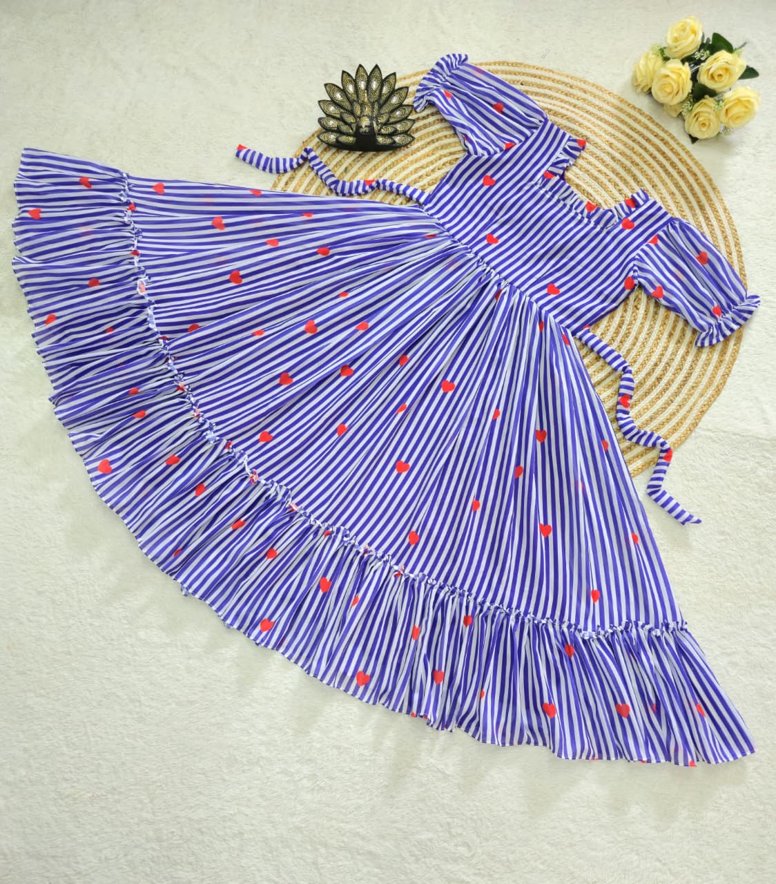 Women’s Striped Printed Midi Dress with Heart Pattern & Ruffle Hem – Stylish Casual & Party Wear Dress