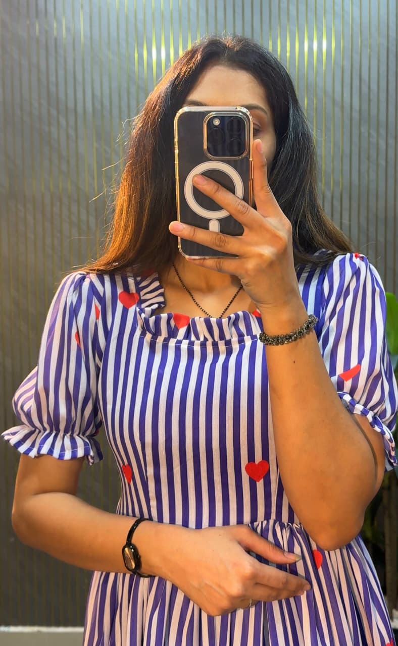 Women’s Striped Printed Midi Dress with Heart Pattern & Ruffle Hem – Stylish Casual & Party Wear Dress