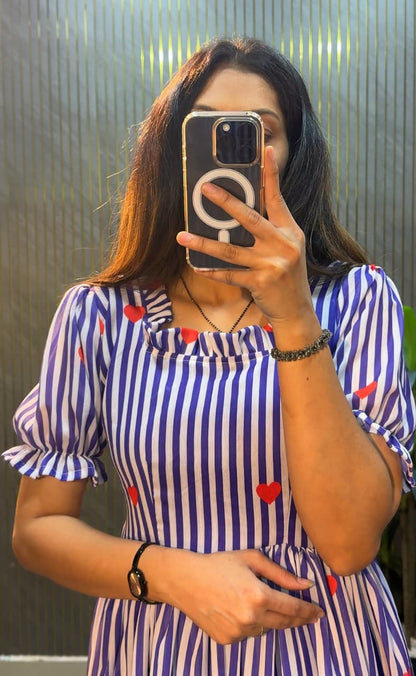 Women’s Striped Printed Midi Dress with Heart Pattern & Ruffle Hem – Stylish Casual & Party Wear Dress