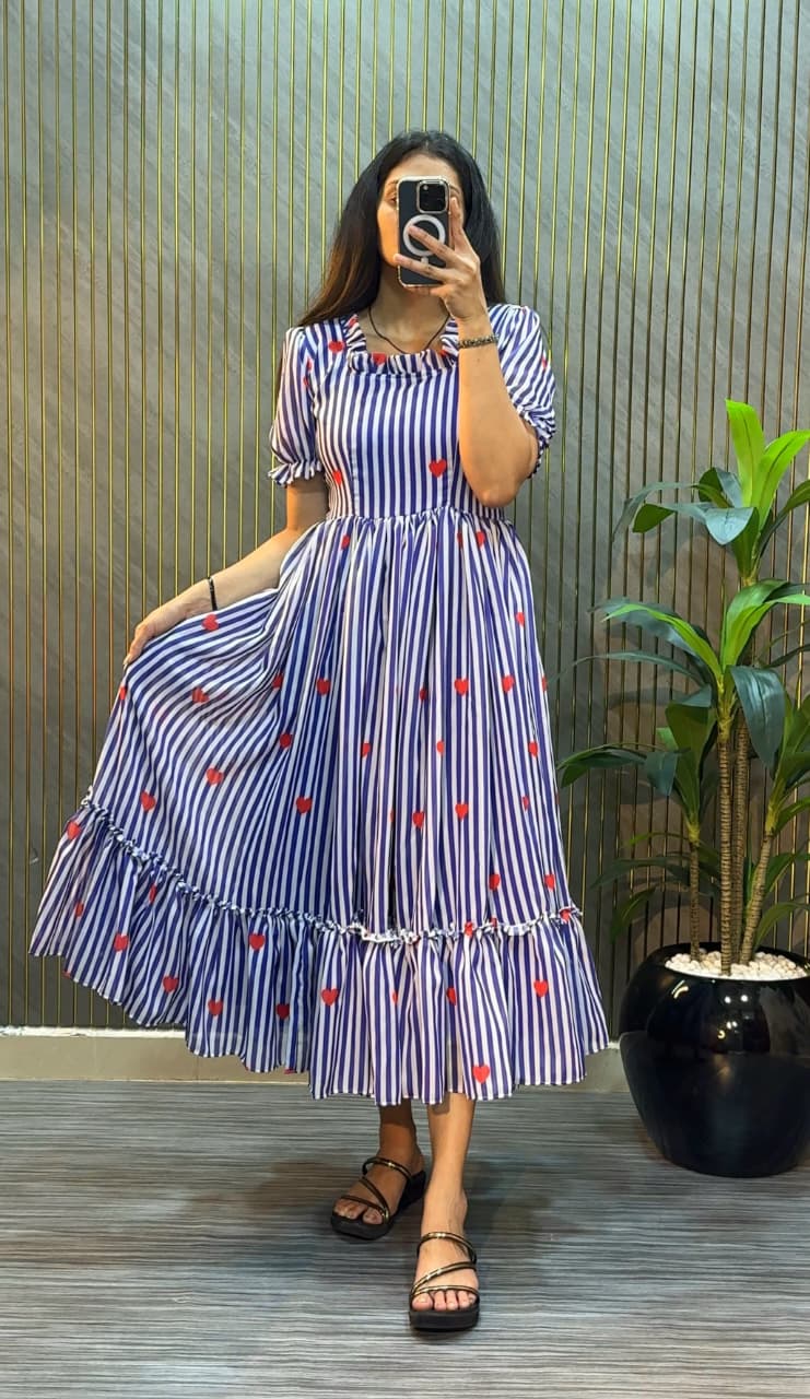 Women’s Striped Printed Midi Dress with Heart Pattern & Ruffle Hem – Stylish Casual & Party Wear Dress