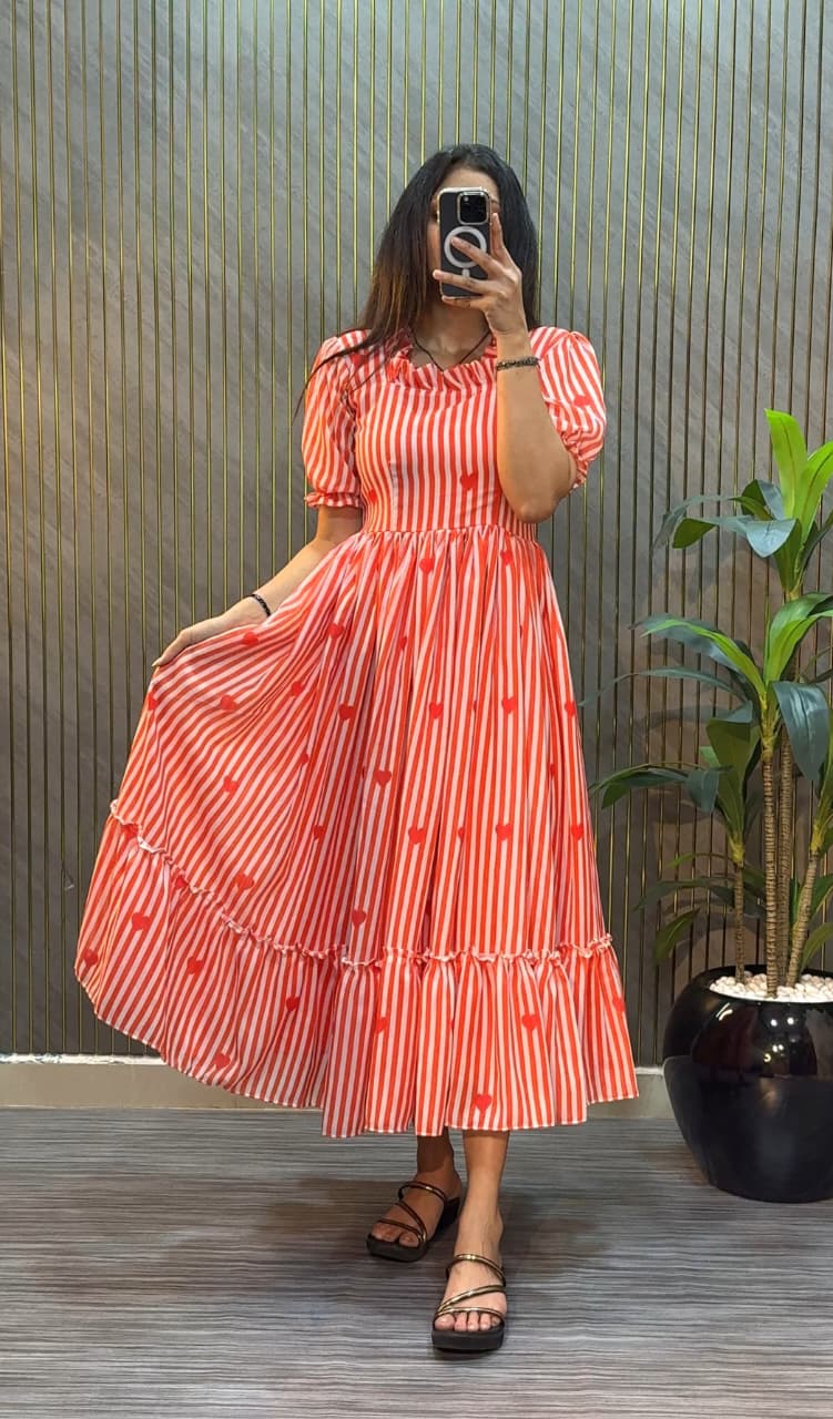 Women’s Striped Printed Midi Dress with Heart Pattern & Ruffle Hem – Stylish Casual & Party Wear Dress