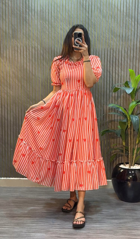 Women’s Striped Printed Midi Dress with Heart Pattern & Ruffle Hem – Stylish Casual & Party Wear Dress