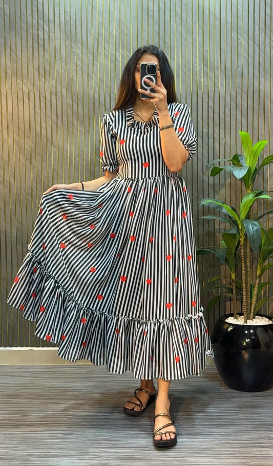 Women’s Striped Printed Midi Dress with Heart Pattern & Ruffle Hem – Stylish Casual & Party Wear Dress