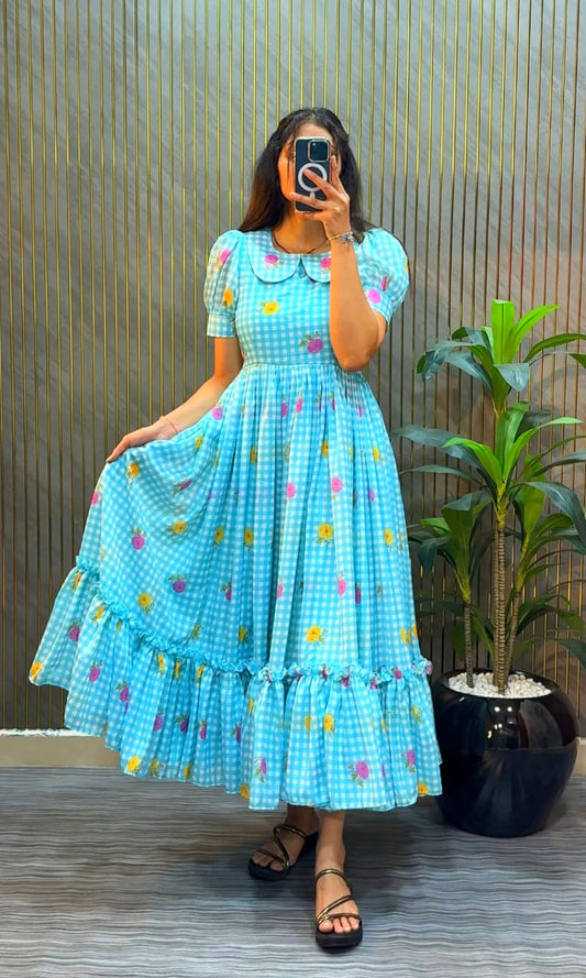 Women’s Floral Printed Cotton Midi Dress with Peter Pan Collar & Flared Hem – Casual & Party Wear