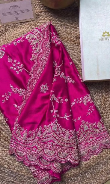 Luxury Satin Silk Saree with Intricate Embroidery & Designer Border