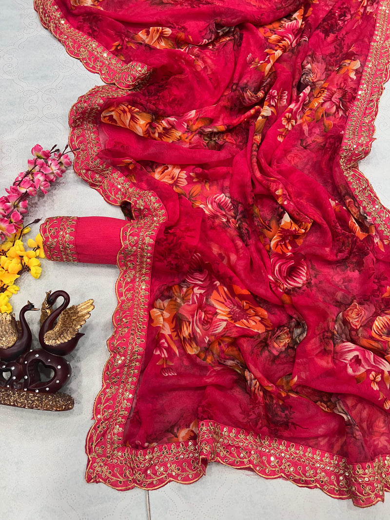 Floral Printed Chiffon Cherry Red Saree