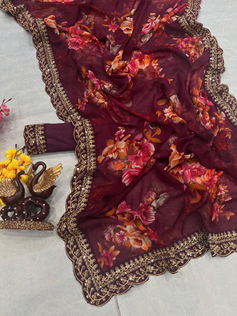 Floral Printed Chiffon Cherry Maroon Saree