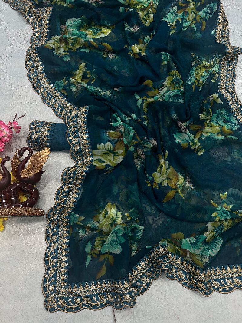 Teal Blue Chiffon Floral Printed Saree