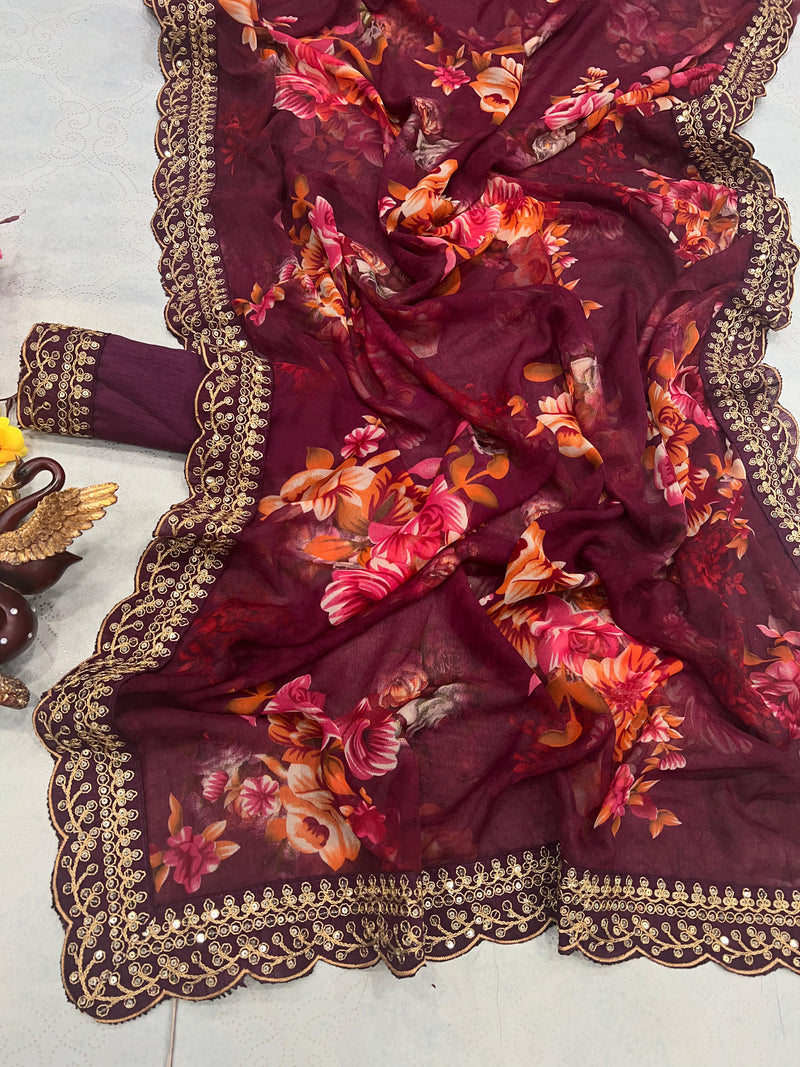 Floral Printed Chiffon Cherry Maroon Saree