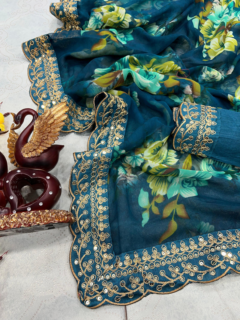 Teal Blue Chiffon Floral Printed Saree