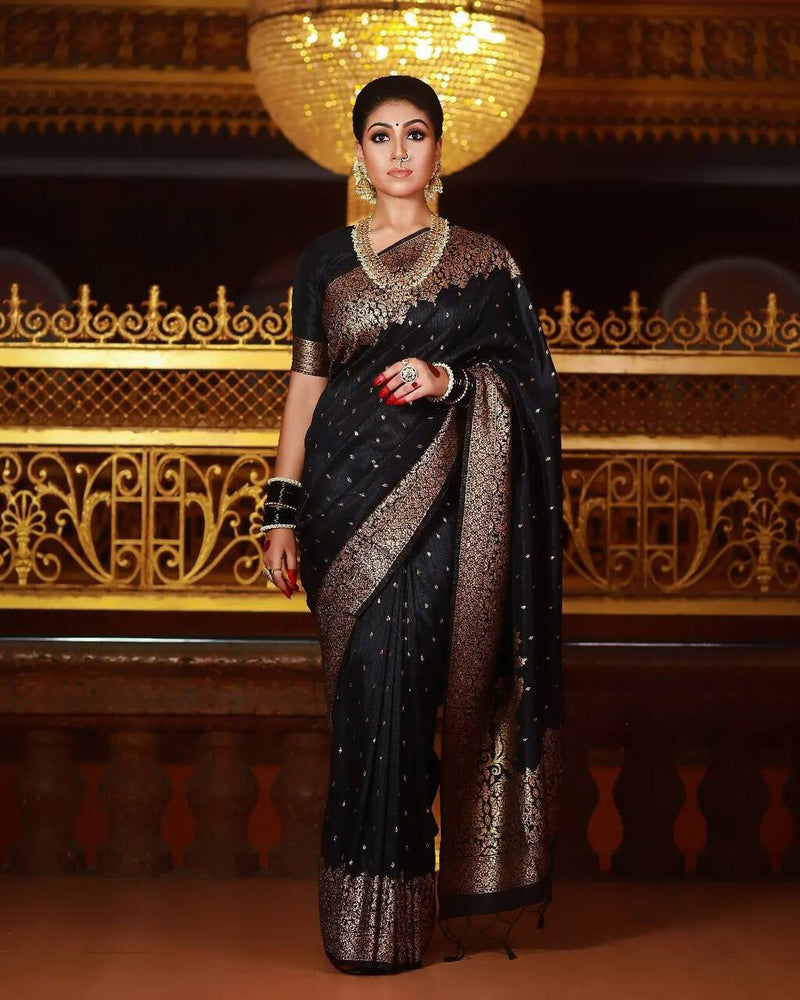 BLACK PURE SOFT SEMI SILK SAREE WITH ATTRACTIVE BLOUSE PIECE WEAVED WITH COPPER ZARI