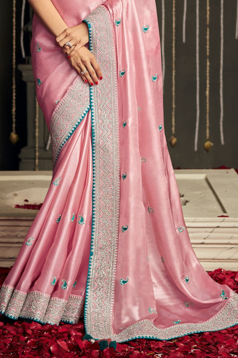 Rose Pink Embroidered Silk Saree with Designer Blouse – Premium Collection by NILORMY