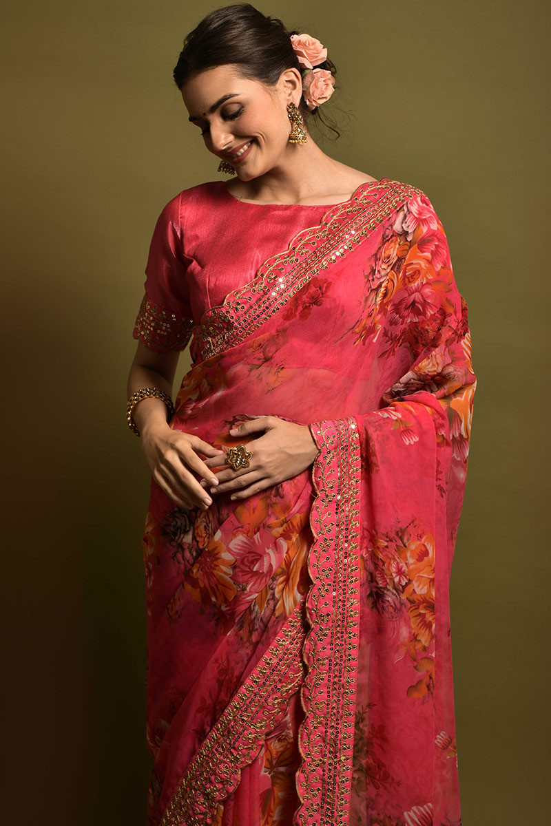 Carrot Pink Chiffon Floral Printed Saree