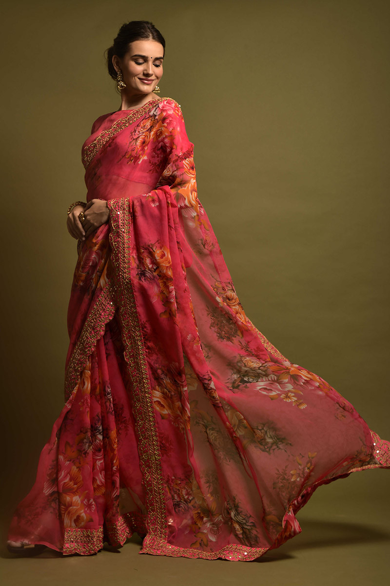 Carrot Pink Chiffon Floral Printed Saree