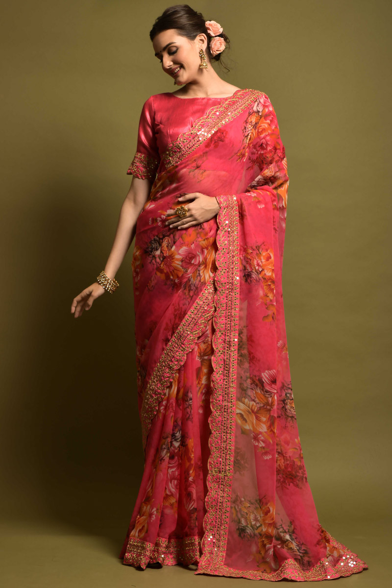 Carrot Pink Chiffon Floral Printed Saree