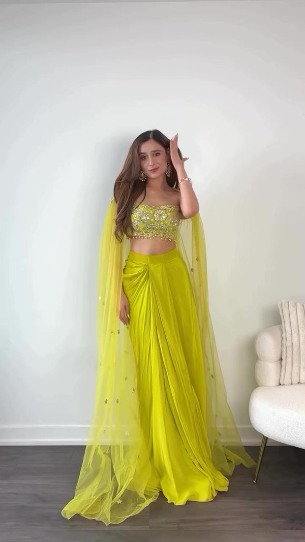 Citrus Green Draped Skirt & Embroidered Blouse with Cape | Elegant Mirror Work