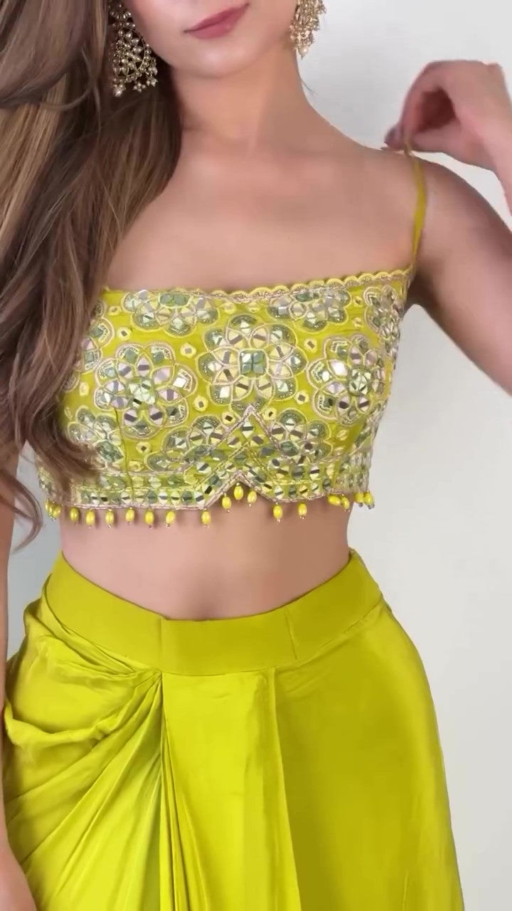 Citrus Green Draped Skirt & Embroidered Blouse with Cape | Elegant Mirror Work