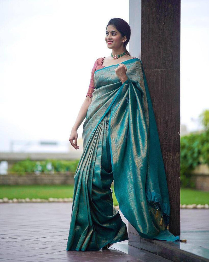 Teal Blue Banarasi Soft Silk Jacquard Work Saree