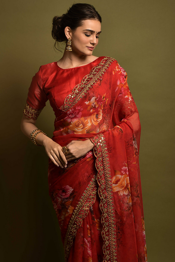 Floral Printed Chiffon Cherry Red Saree