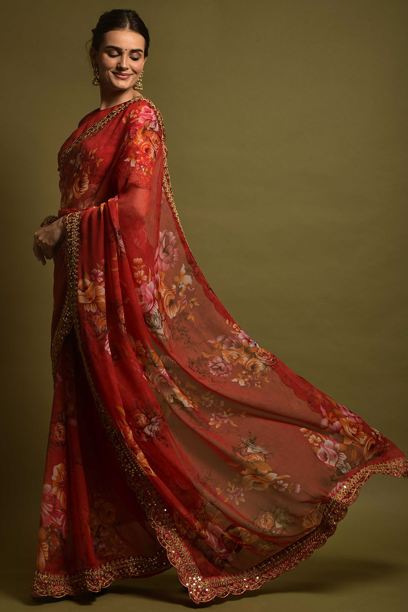 Floral Printed Chiffon Cherry Red Saree