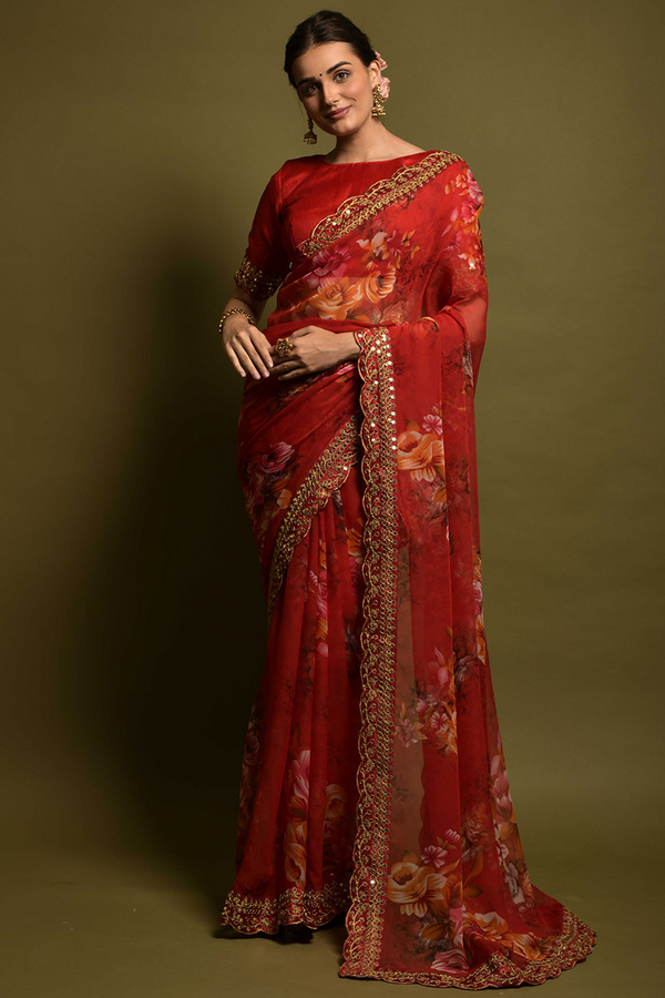 Floral Printed Chiffon Cherry Red Saree