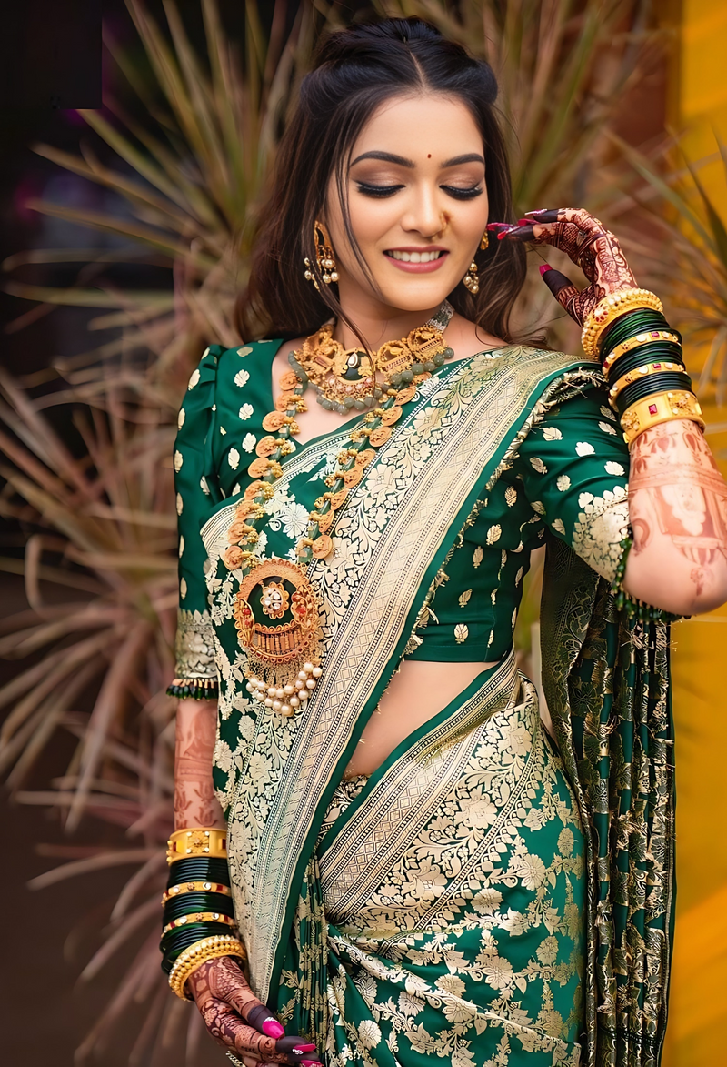 BOTTLE GREEN ZARI WORK BANARASI SILK SAREE Nilormy