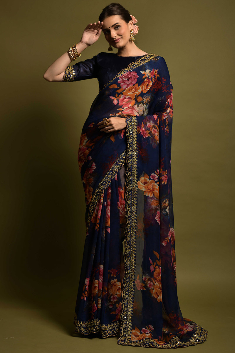 Navy Blue Chiffon Floral Printed Saree