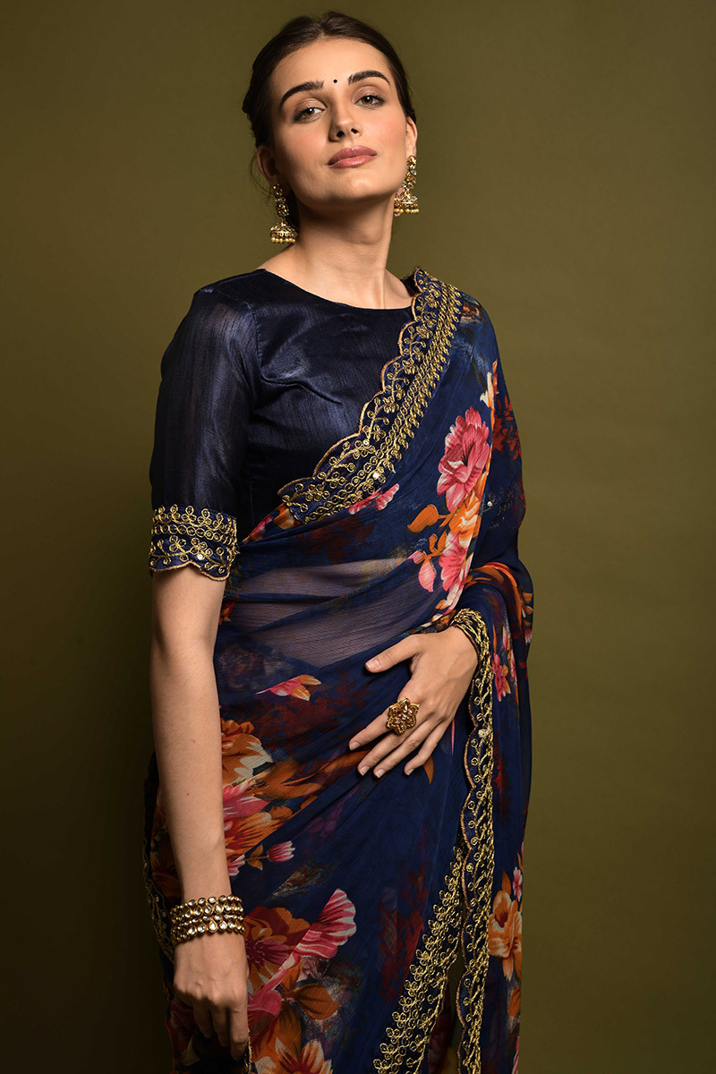 Navy Blue Chiffon Floral Printed Saree