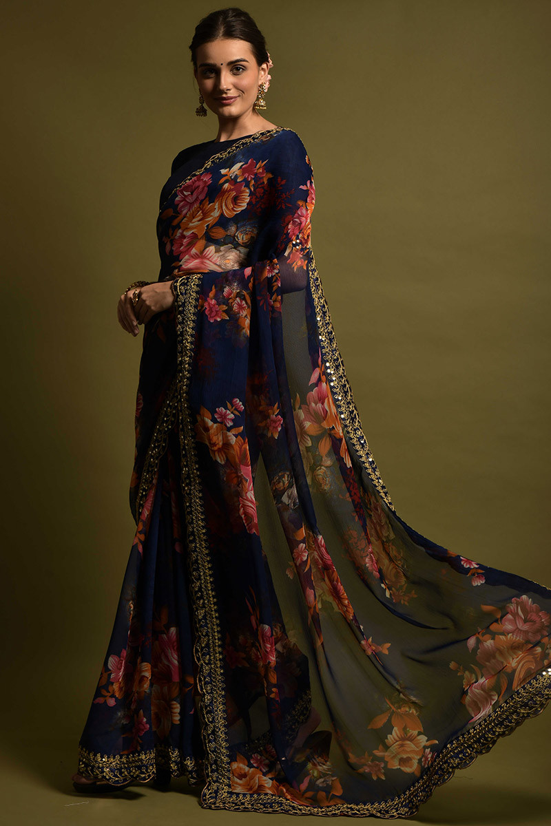 Navy Blue Chiffon Floral Printed Saree