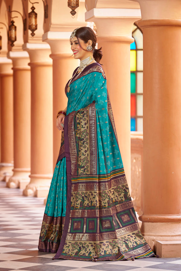 Firoji  color patola silk saree with foil printed work