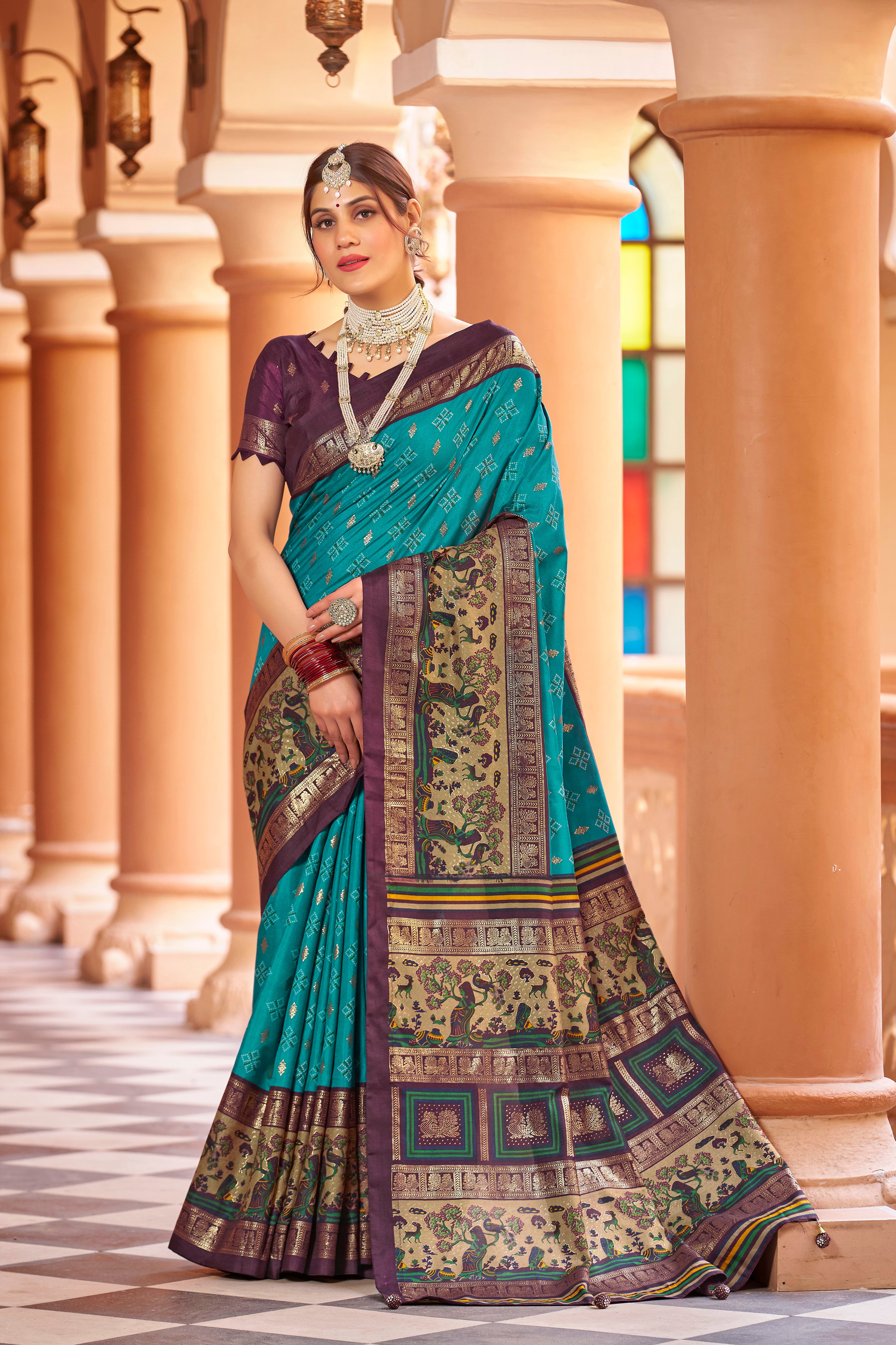 Firoji  color patola silk saree with foil printed work