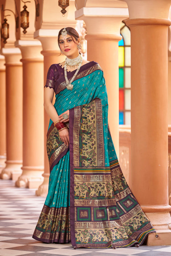 Firoji  color patola silk saree with foil printed work