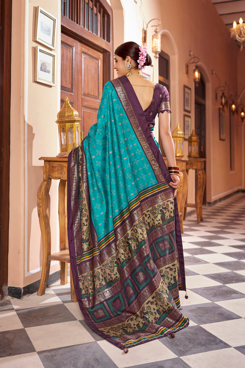 Firoji  color patola silk saree with foil printed work