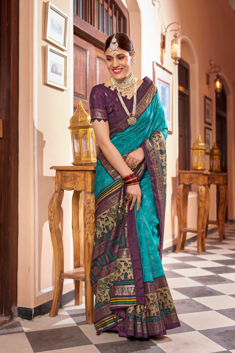 Firoji  color patola silk saree with foil printed work