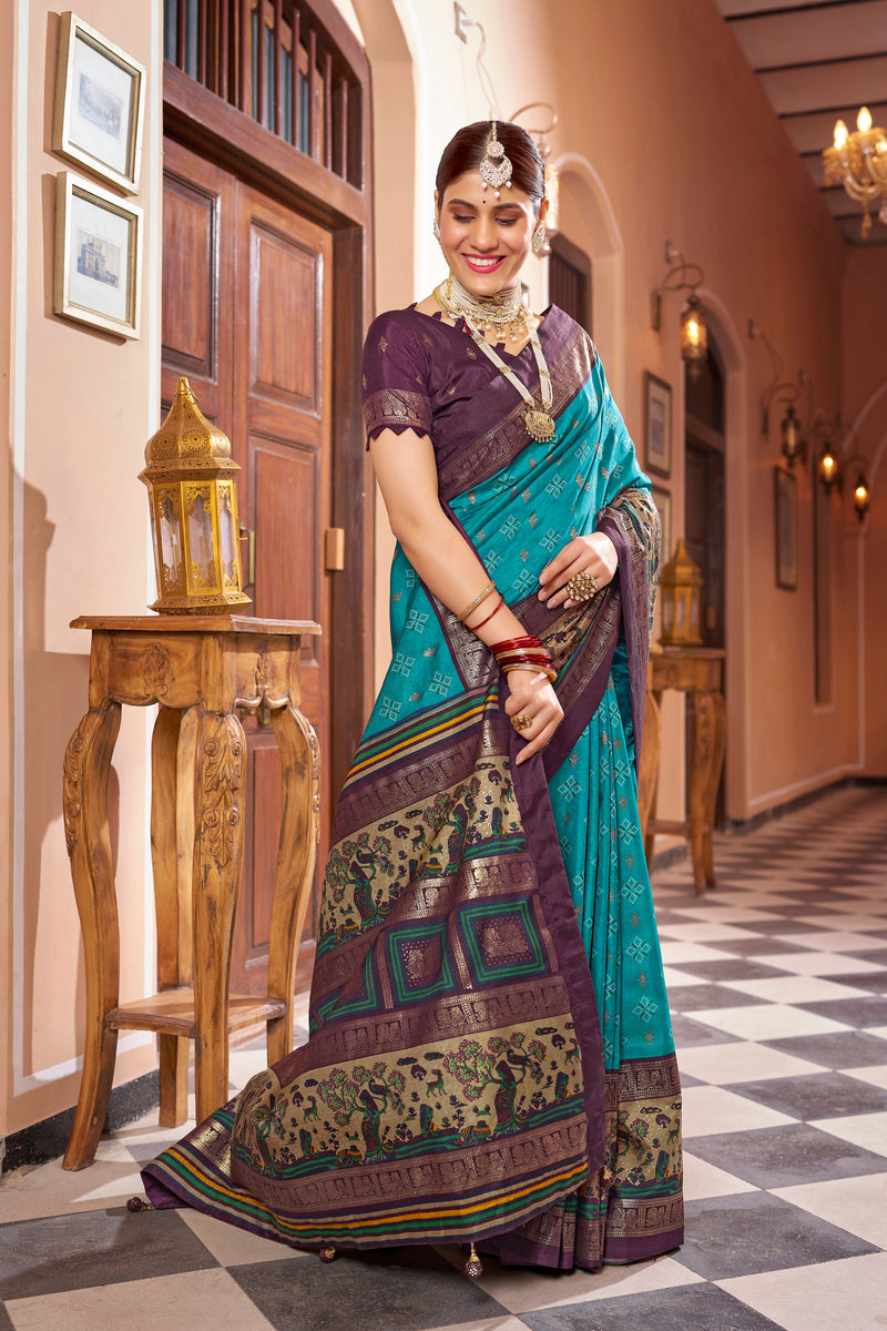 Firoji  color patola silk saree with foil printed work