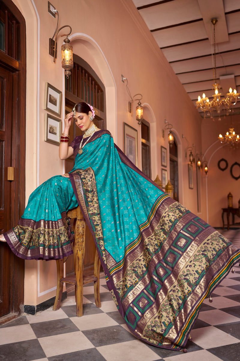 Firoji  color patola silk saree with foil printed work