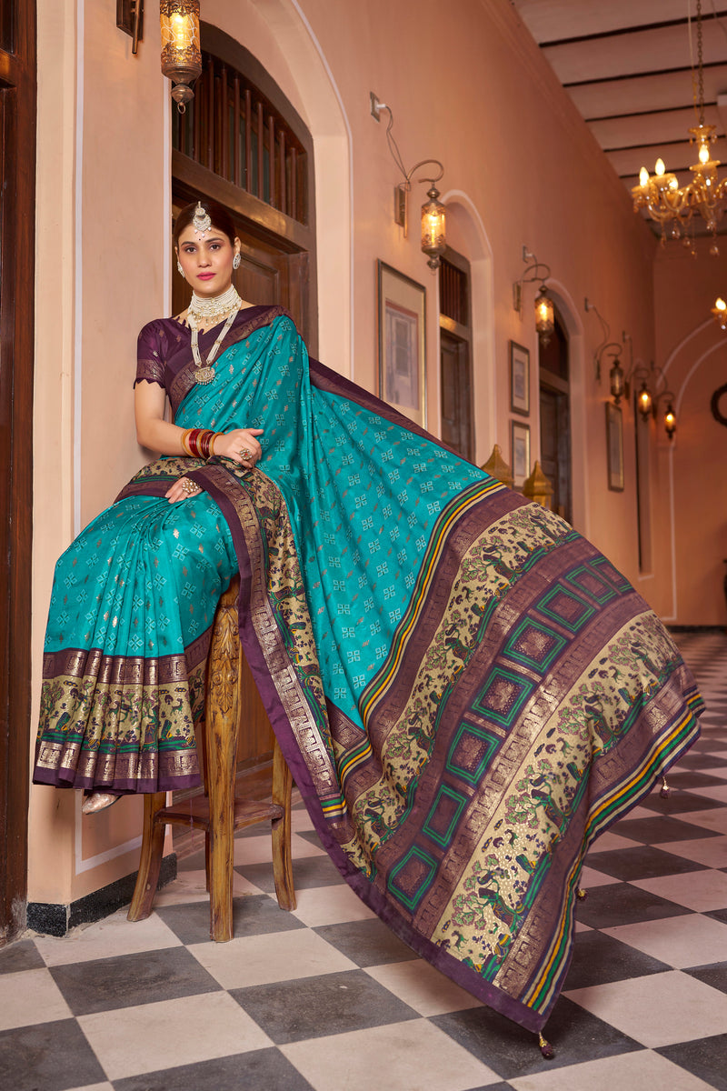 Firoji  color patola silk saree with foil printed work