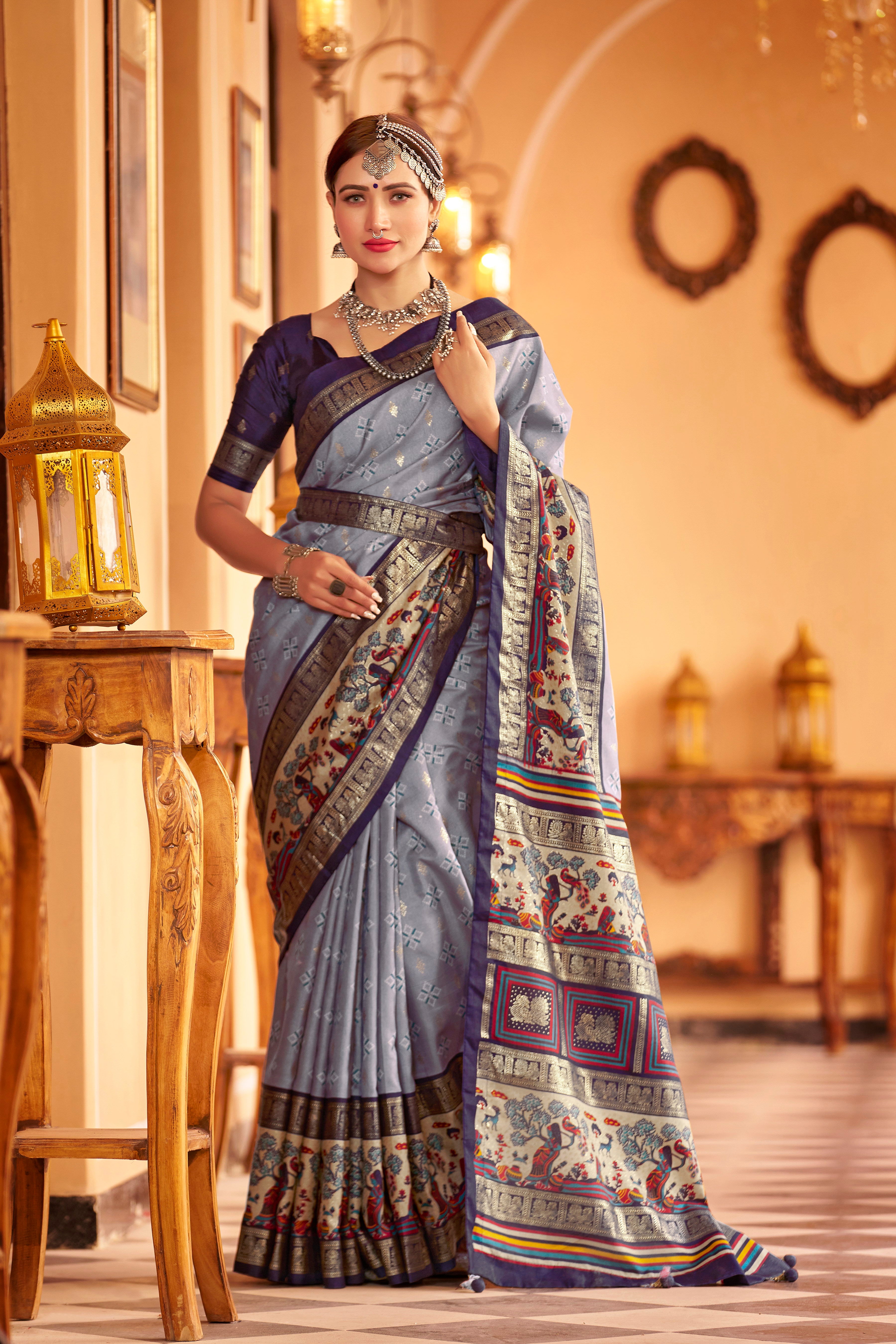 Gray  color patola silk saree with foil printed work