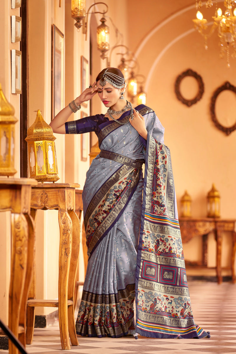 Gray  color patola silk saree with foil printed work