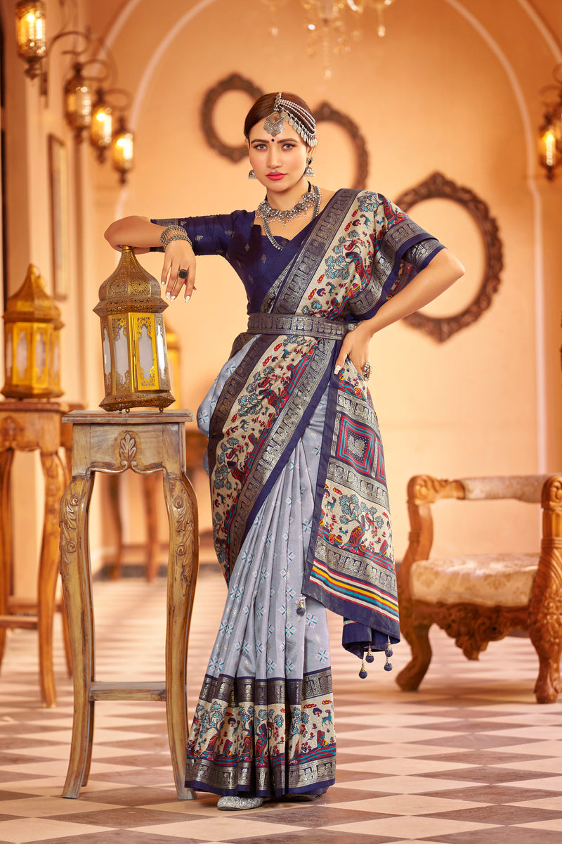 Gray  color patola silk saree with foil printed work