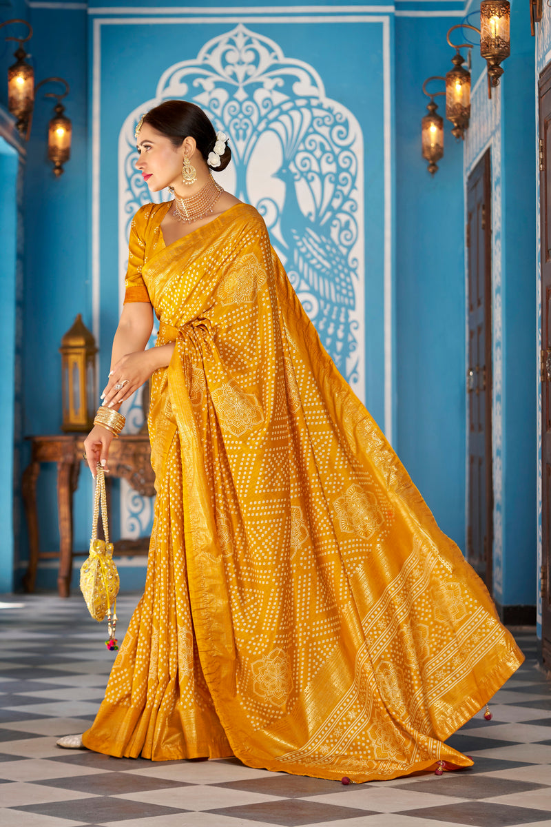 Yellow  Dola Silk Bandhani Saree