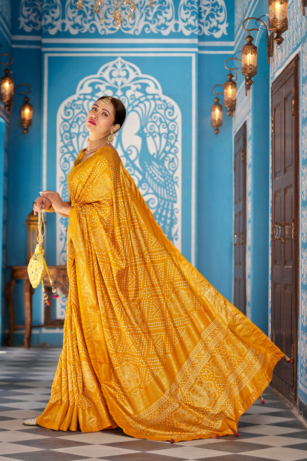 Yellow  Dola Silk Bandhani Saree