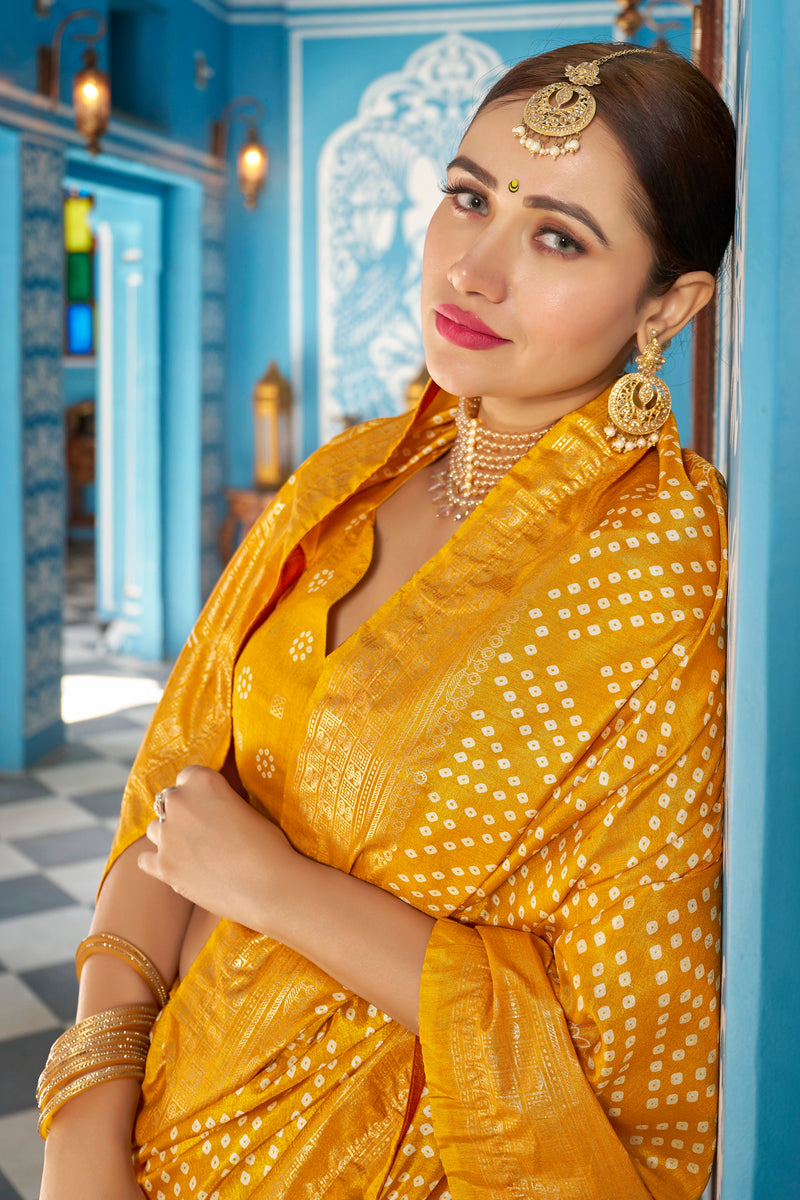 Yellow  Dola Silk Bandhani Saree