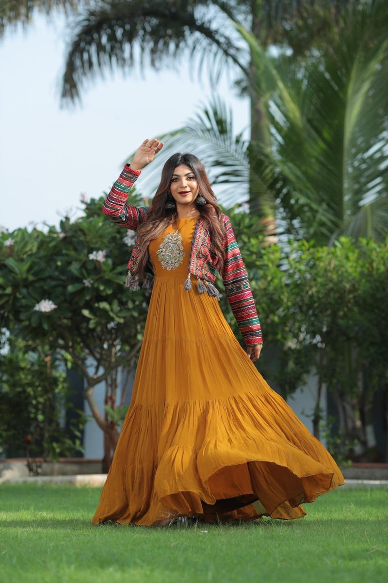 Mustard Multi-Color Gown with Cotti Set