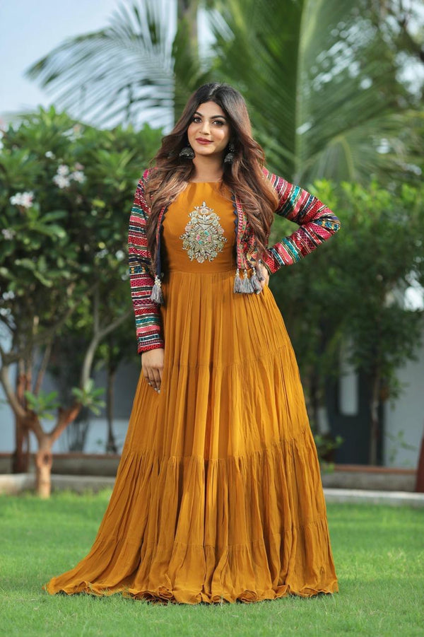 Mustard Multi-Color Gown with Cotti Set