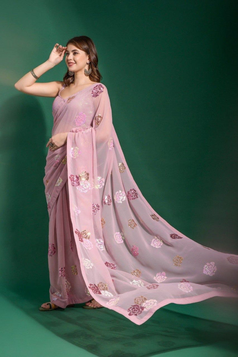 Glam Up with Our Pink Georgette Saree – Stunning Sequins Embroidery