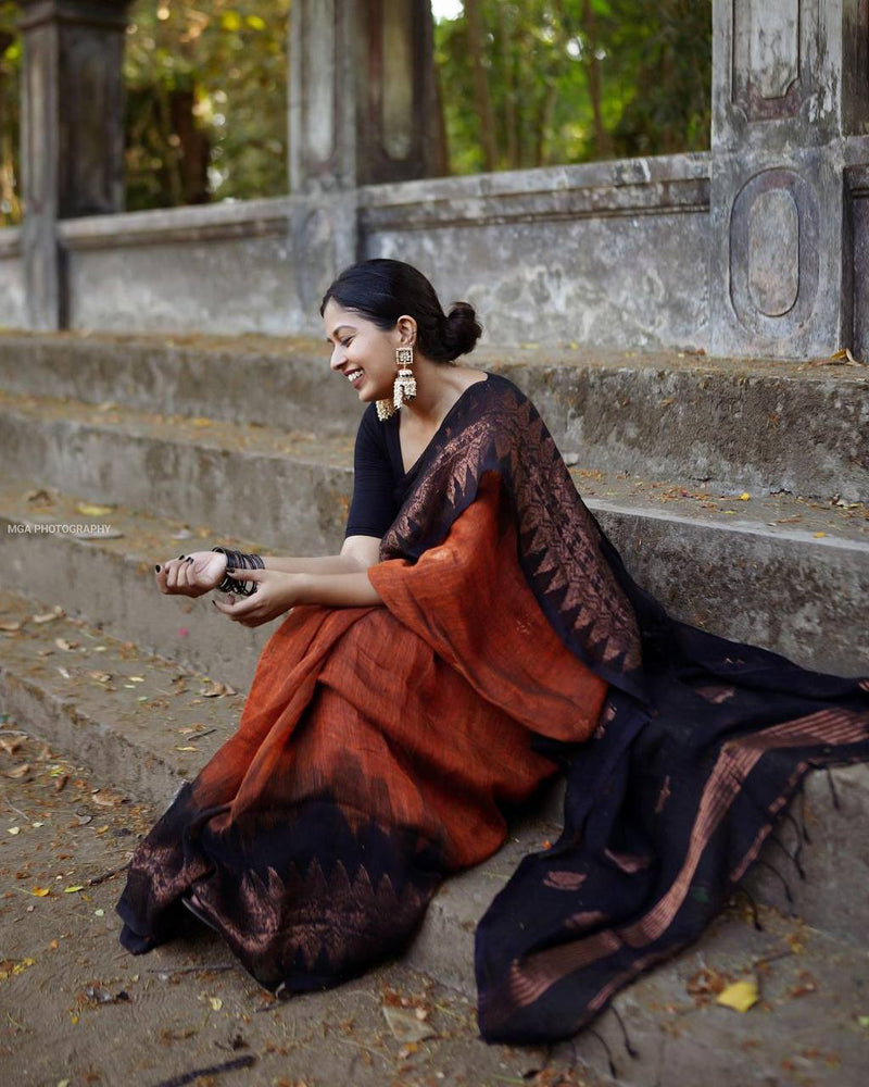 ORANGE PURE SOFT SEMI-SILK SAREE STYLISH BLOUSE PIECE